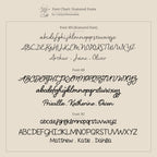 A chart displays three cursive and script fonts with example names in each style—perfect for designing your own Nella Name Necklace in Box Chain—on a beige background.