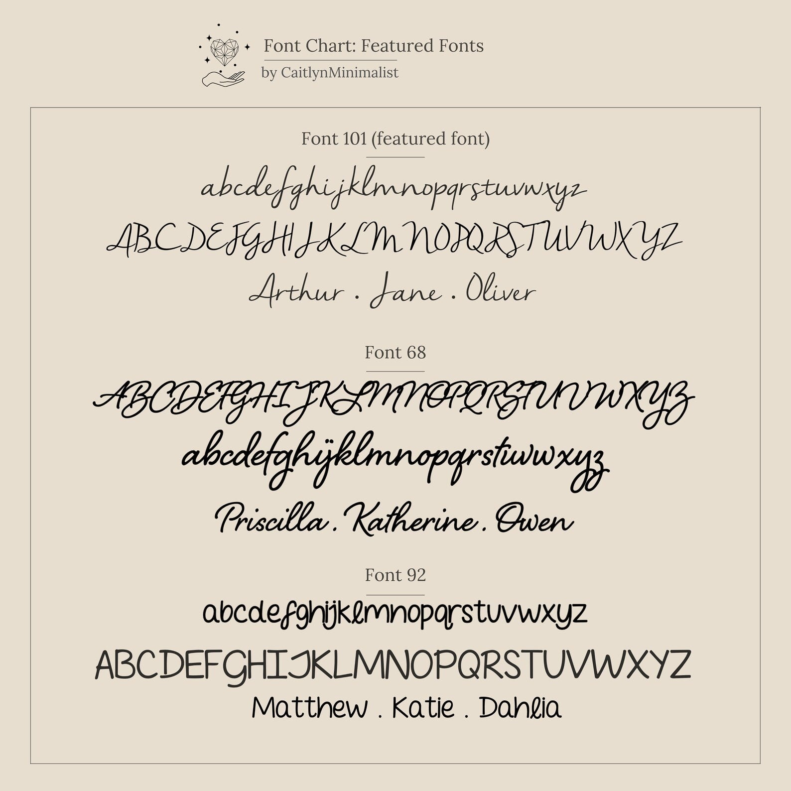 A chart displays three cursive and script fonts with example names in each style—perfect for designing your own Nella Name Necklace in Box Chain—on a beige background.