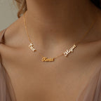 Mellow Multiple Name Necklace featuring three gold pendants—Chloe, Kenia, and Megan—worn on a woman's neck. A stylish, thoughtful jewelry gift for mom to celebrate loved ones.