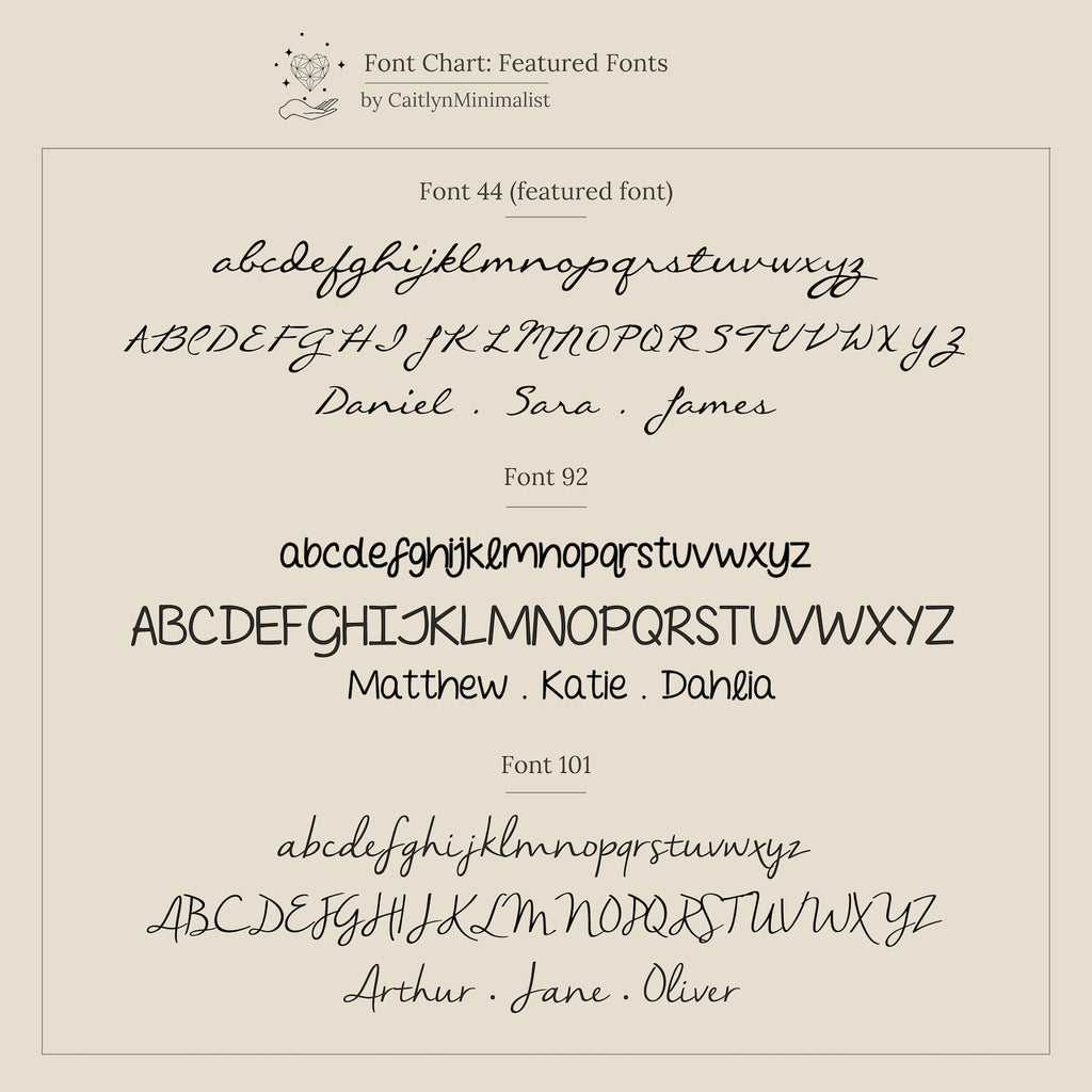 Font chart displaying three cursive and print fonts, each showing alphabets and sample names—ideal for customizing your Callie Box Chain Name Necklace in 18K Gold or choosing a font for an added charm.