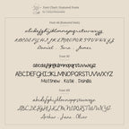 Font chart displaying three cursive and print fonts, each showing alphabets and sample names—ideal for customizing your Callie Box Chain Name Necklace in 18K Gold or choosing a font for an added charm.
