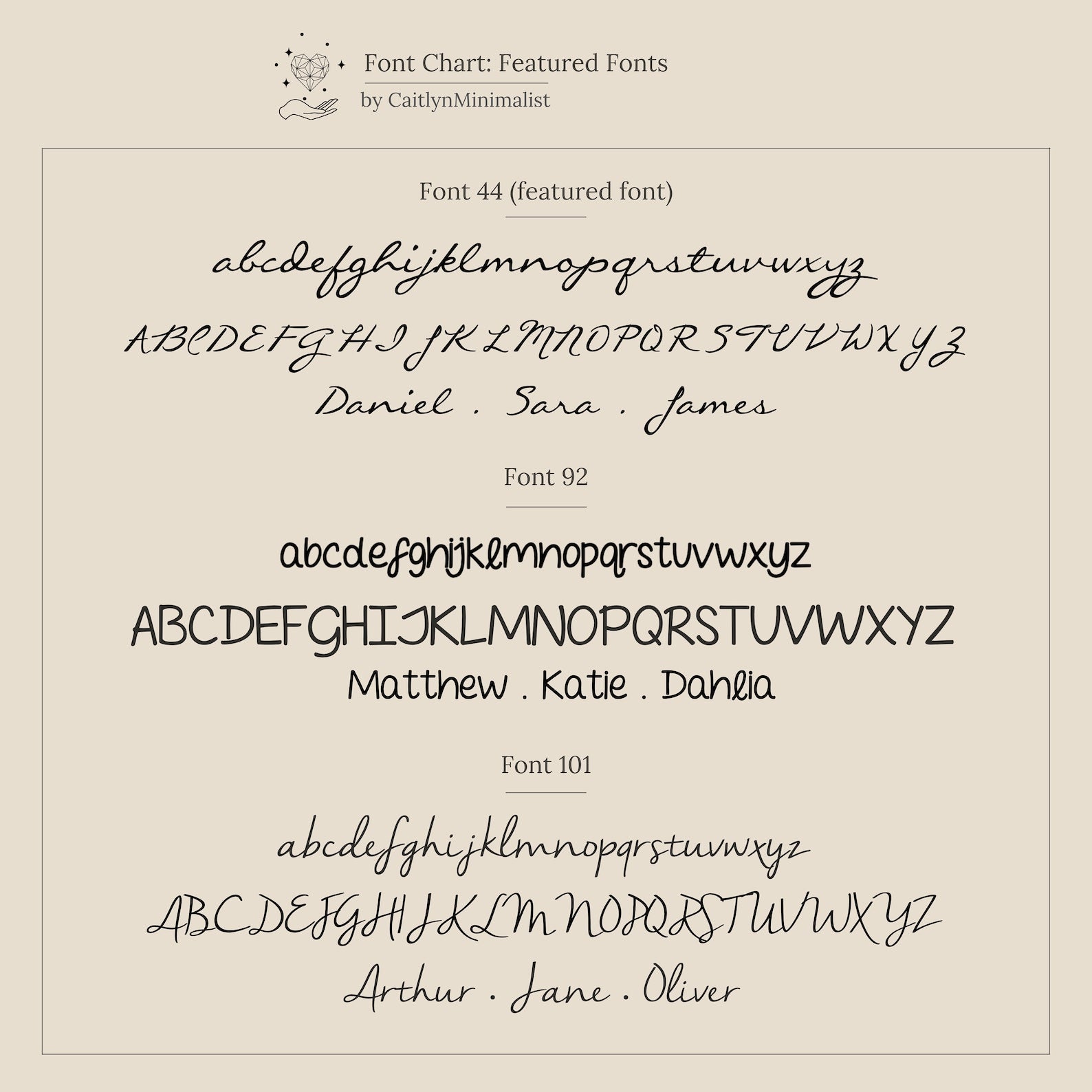 Font chart displaying three cursive and print fonts, each showing alphabets and sample names—ideal for customizing your Callie Box Chain Name Necklace in 18K Gold or choosing a font for an added charm.