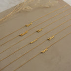 Six Tiny London Name Necklaces are displayed on a beige surface with dried flowers behind them, each featuring a customizable name plate for a unique and minimalist look.