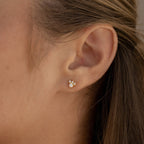 Close-up of a woman's ear wearing Jackie Opal Studs—dainty gold and white opal earrings, perfect for those who love subtle elegance.