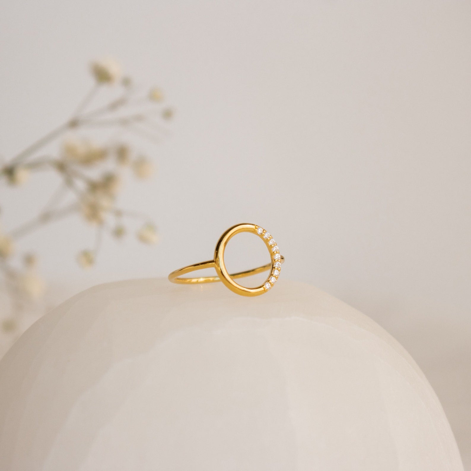 The Pave Open Circle Ring features a delicate gold band accented with small diamonds, beautifully presented on a white surface with softly blurred flowers in the background.