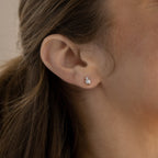 A close-up of a woman's ear adorned with the elegant Julia Pearl Studs.