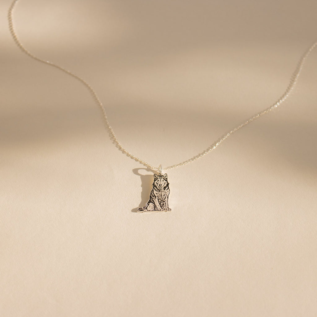A Custom Pet Portrait Necklace with a cat-shaped pendant amulet, displayed on a beige background.