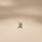 A Custom Pet Portrait Necklace with a cat-shaped pendant amulet, displayed on a beige background.