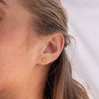 Close-up of a woman’s ear with Nile Opal and Diamond Studs—constellation-inspired earrings—her hair tucked behind her ear.