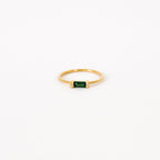 The Empire Emerald Ring features a rectangular emerald center flanked by small clear stones on a classic gold band, shown on a white background.