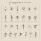 A minimalist floral chart displays flowers for each month plus extra blooms, all labeled—perfect inspiration for creating an Oval Flower Necklace or other unique flower jewelry.