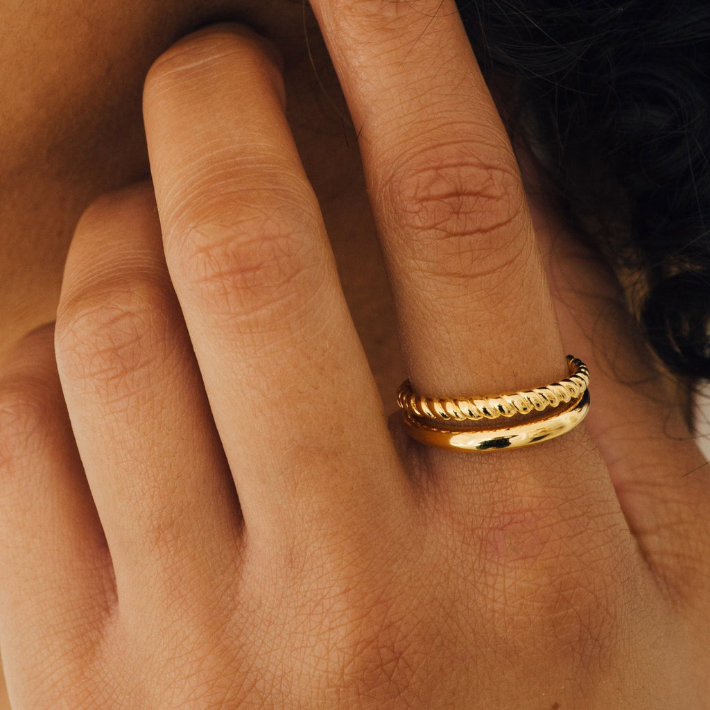 Chelsea Duo Ring in gold worn on hand, showing the stacked rope and smooth band design.