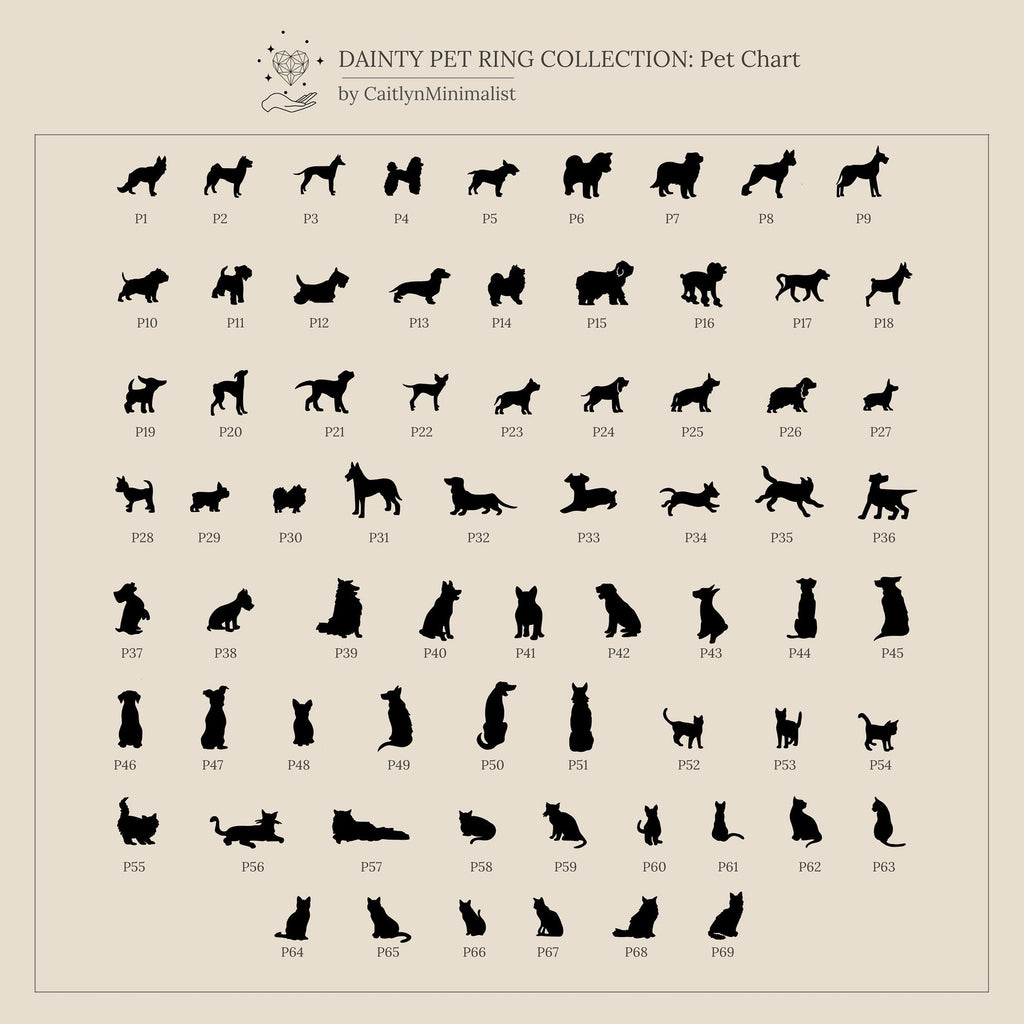 Grid of 64 black pet silhouettes—mainly dogs and cats—each with a code on a beige background: the perfect inspiration for creating a personalized Duo Pet Initial Ring, an ideal custom gift for any pet lover.
