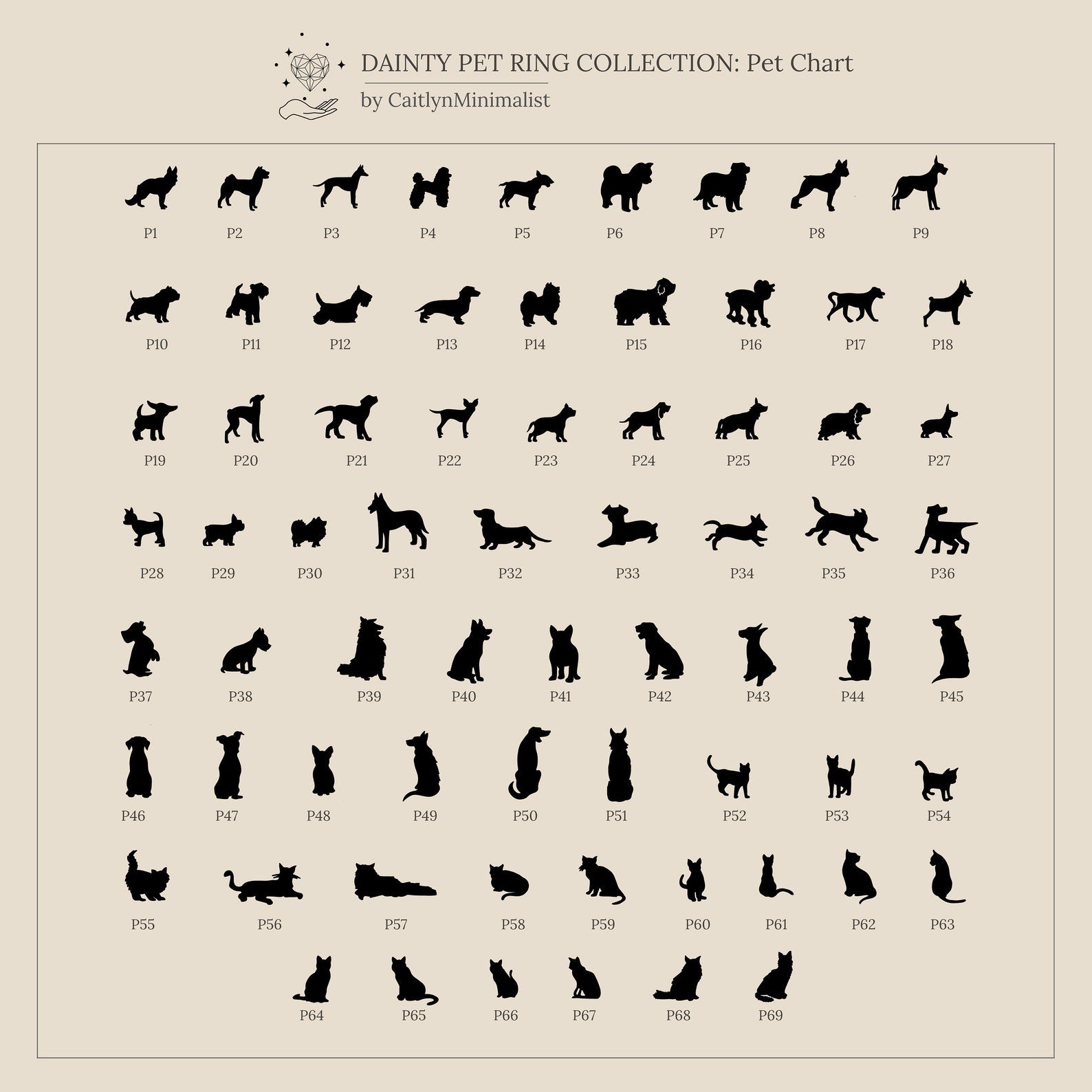 Grid of 64 black pet silhouettes—mainly dogs and cats—each with a code on a beige background: the perfect inspiration for creating a personalized Duo Pet Initial Ring, an ideal custom gift for any pet lover.