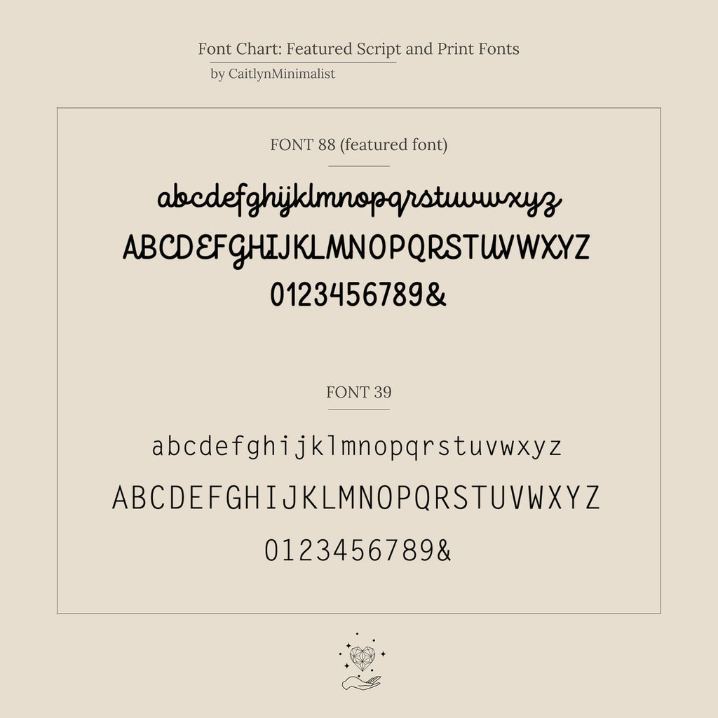 Font comparison chart displaying script Font 88 and print Font 39 with letters and numbers—ideal for designing personalized jewelry like the Duo Pet Initial Wrap Ring.