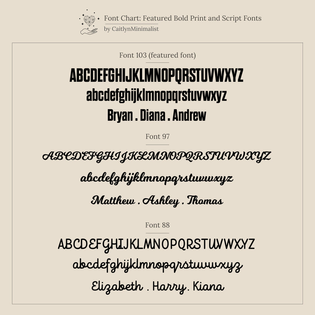 Font chart featuring three stylish serif and script fonts with uppercase, lowercase, and sample names—perfect for customizing your Bold Name Ring or creating a unique personalized ring.