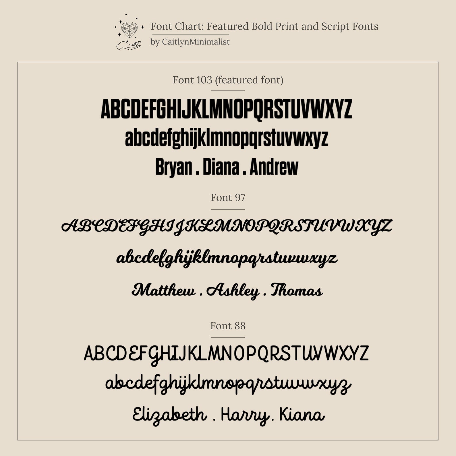 Font chart featuring three stylish serif and script fonts with uppercase, lowercase, and sample names—perfect for customizing your Bold Name Ring or creating a unique personalized ring.