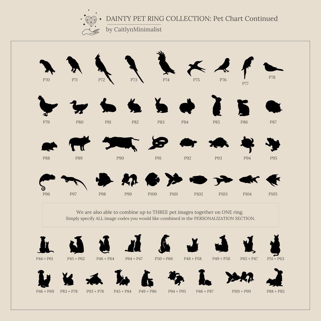 Silhouette chart of black birds, reptiles, rodents, rabbits, and cats on beige—perfect inspiration for customizing the Duo Pet Initial Ring, an ideal personalized gift for pet lovers or unique pet jewelry.