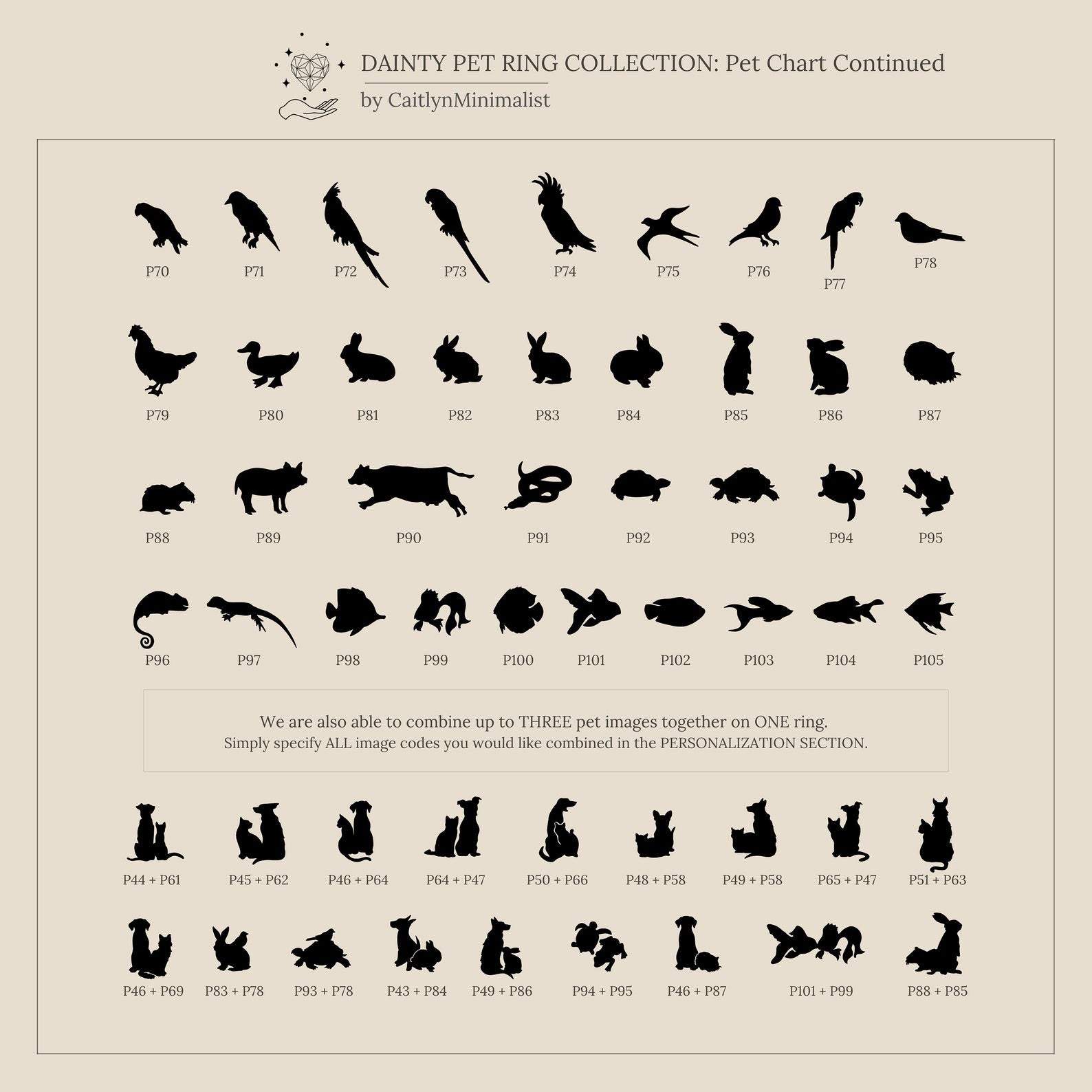 Silhouette chart of black birds, reptiles, rodents, rabbits, and cats on beige—perfect inspiration for customizing the Duo Pet Initial Ring, an ideal personalized gift for pet lovers or unique pet jewelry.
