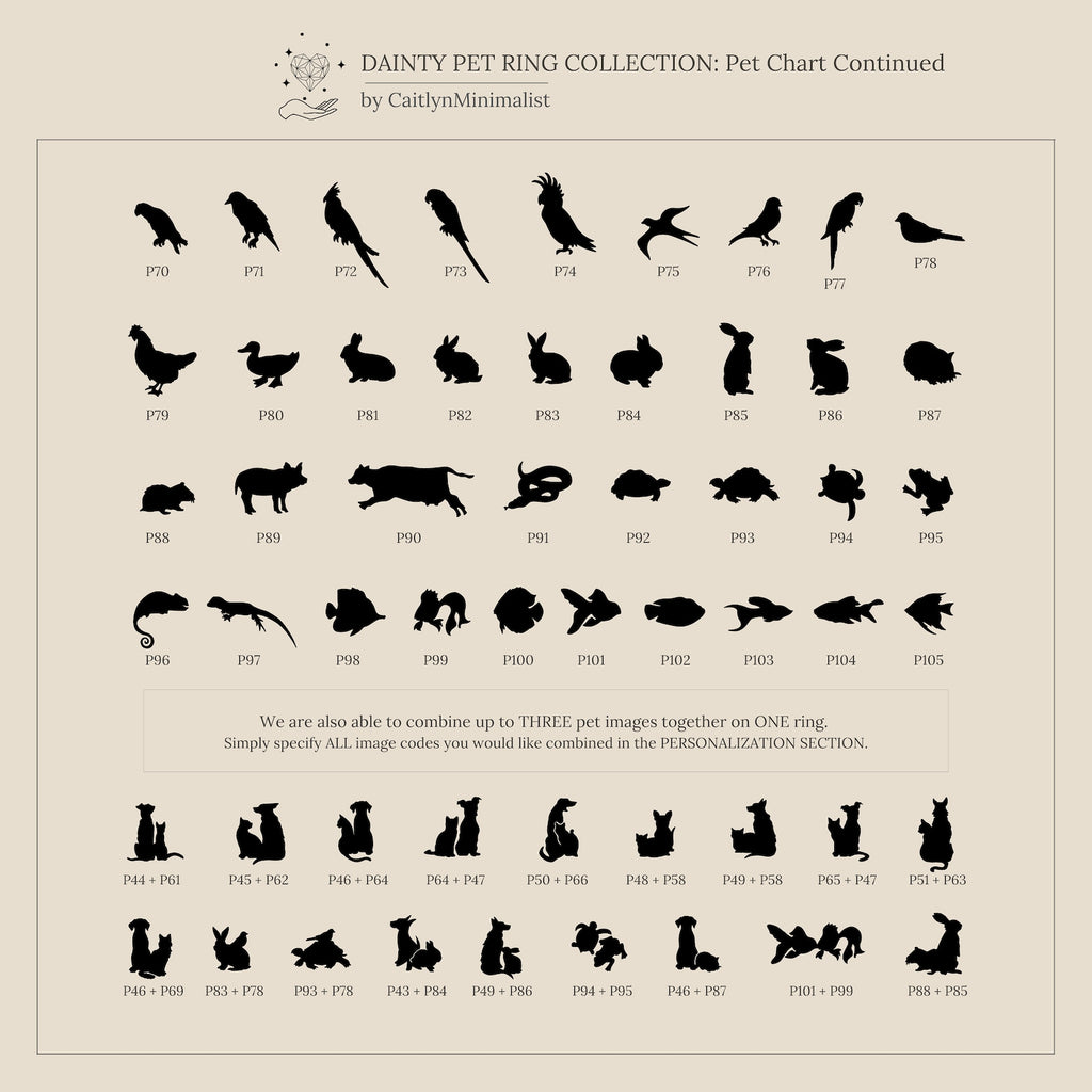 A chart of 43 black pet silhouettes—including birds, dogs, cats, rabbits, and more—ideal for creating personalized jewelry like the Duo Pet Initial Wrap Ring in Rose Gold or a custom pet ring.