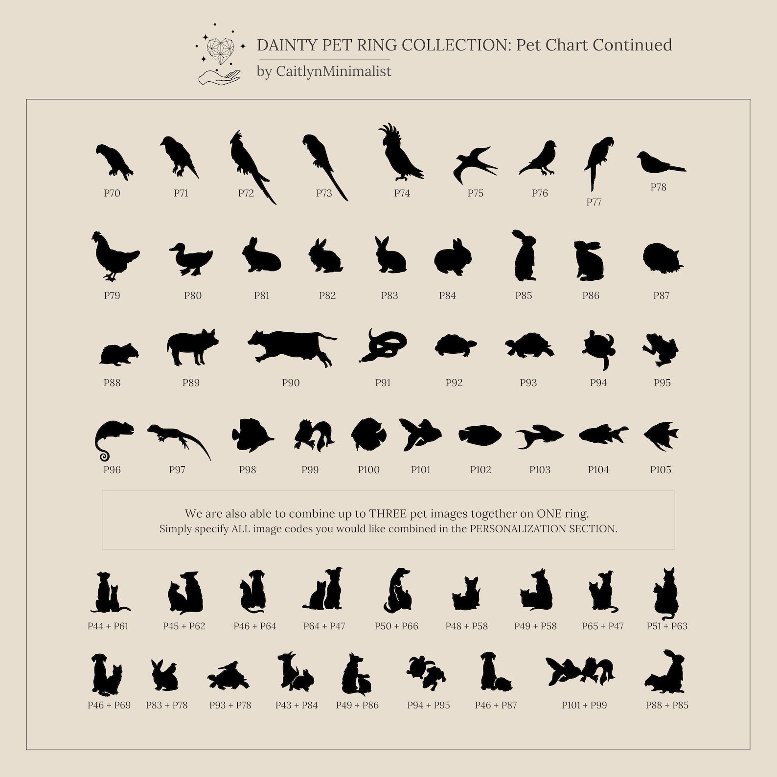 A chart of 43 black pet silhouettes—including birds, dogs, cats, rabbits, and more—ideal for creating personalized jewelry like the Duo Pet Initial Wrap Ring in Rose Gold or a custom pet ring.