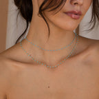 A woman with loose hair and bare shoulders wears the Turquoise Station Necklace, a double-layered turquoise beaded piece perfect for achieving a chic boho look.