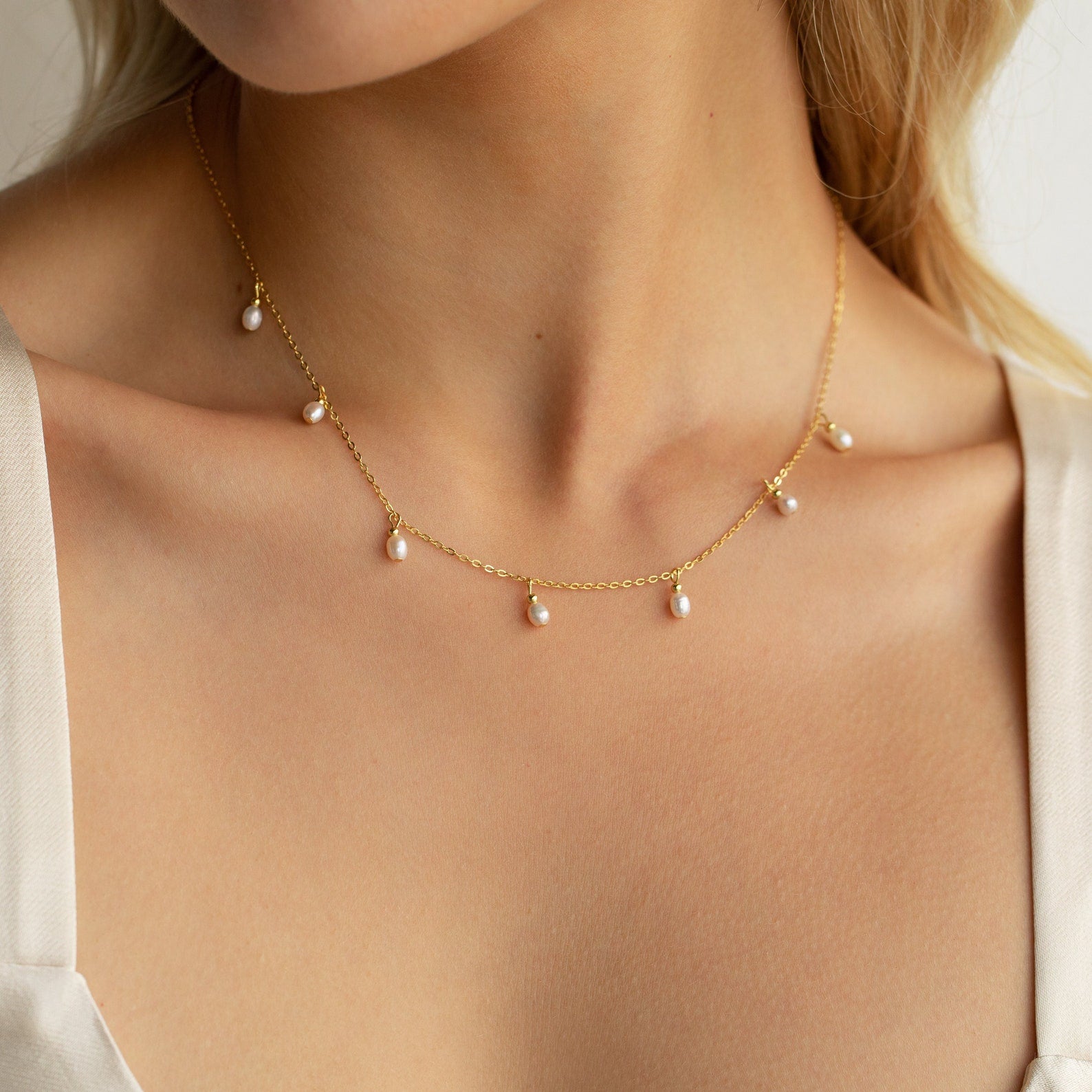 Pearl Drop Station Necklace | Caitlyn Minimalist