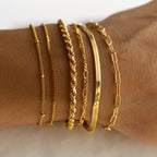 A wrist adorned with Essential Bracelet Chains—six unique, delicate gold styles featuring polished finishes and subtle geometric details.