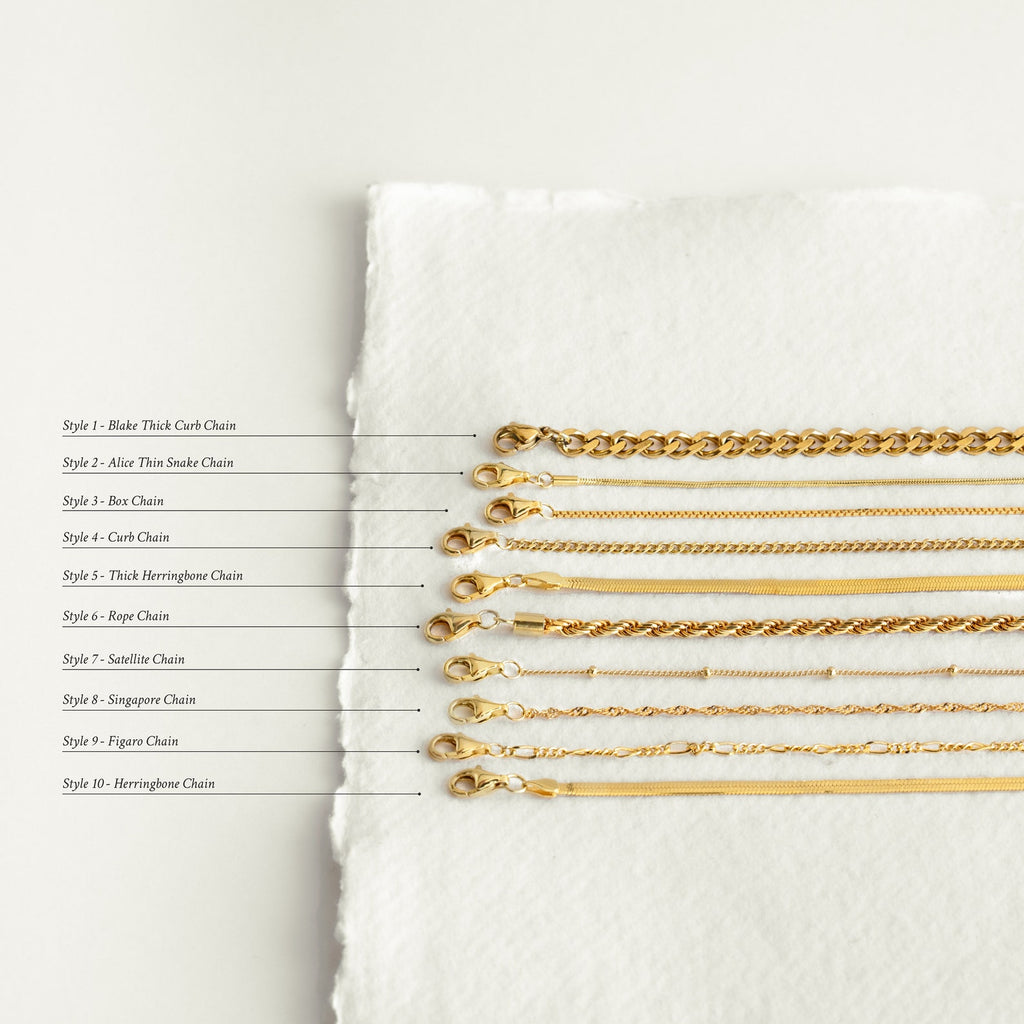 Flat-lay image showing ten labeled gold chains side-by-side on a white cloth, each labeled by style 
