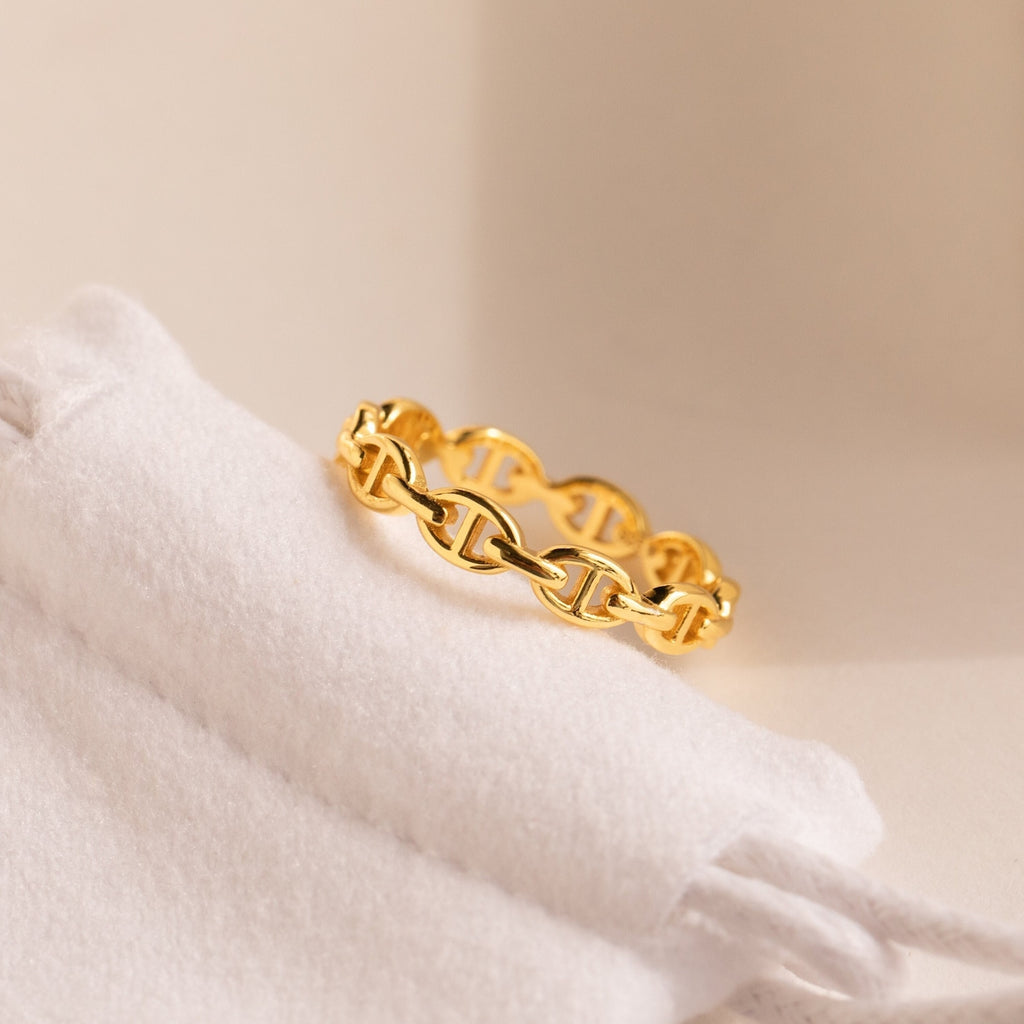 The Reese Link Ring, a minimalist gold chain ring, is displayed on a soft white fabric pouch against a neutral background.