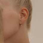 Close-up of a woman's ear wearing Opal Ear Jackets, her blonde hair pulled back to showcase the minimalist gold design.