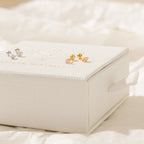 The Jocelyn Diamond Studs in Sterling Silver—perfect for everyday earring stacks—are elegantly displayed on a textured white jewelry box.