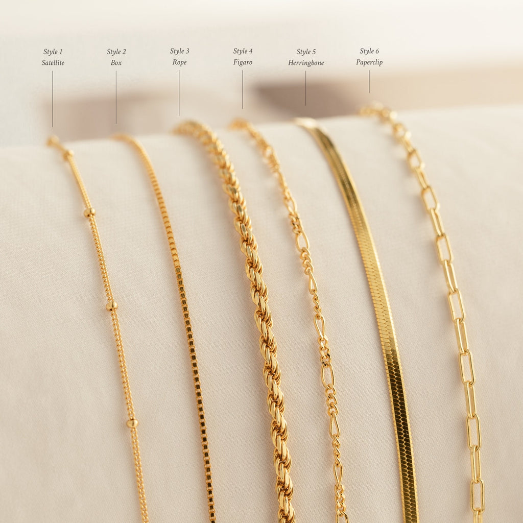 Six Essential Bracelet Chains, each with a polished finish and unique style, are displayed side by side on a soft, light surface with labeled names.