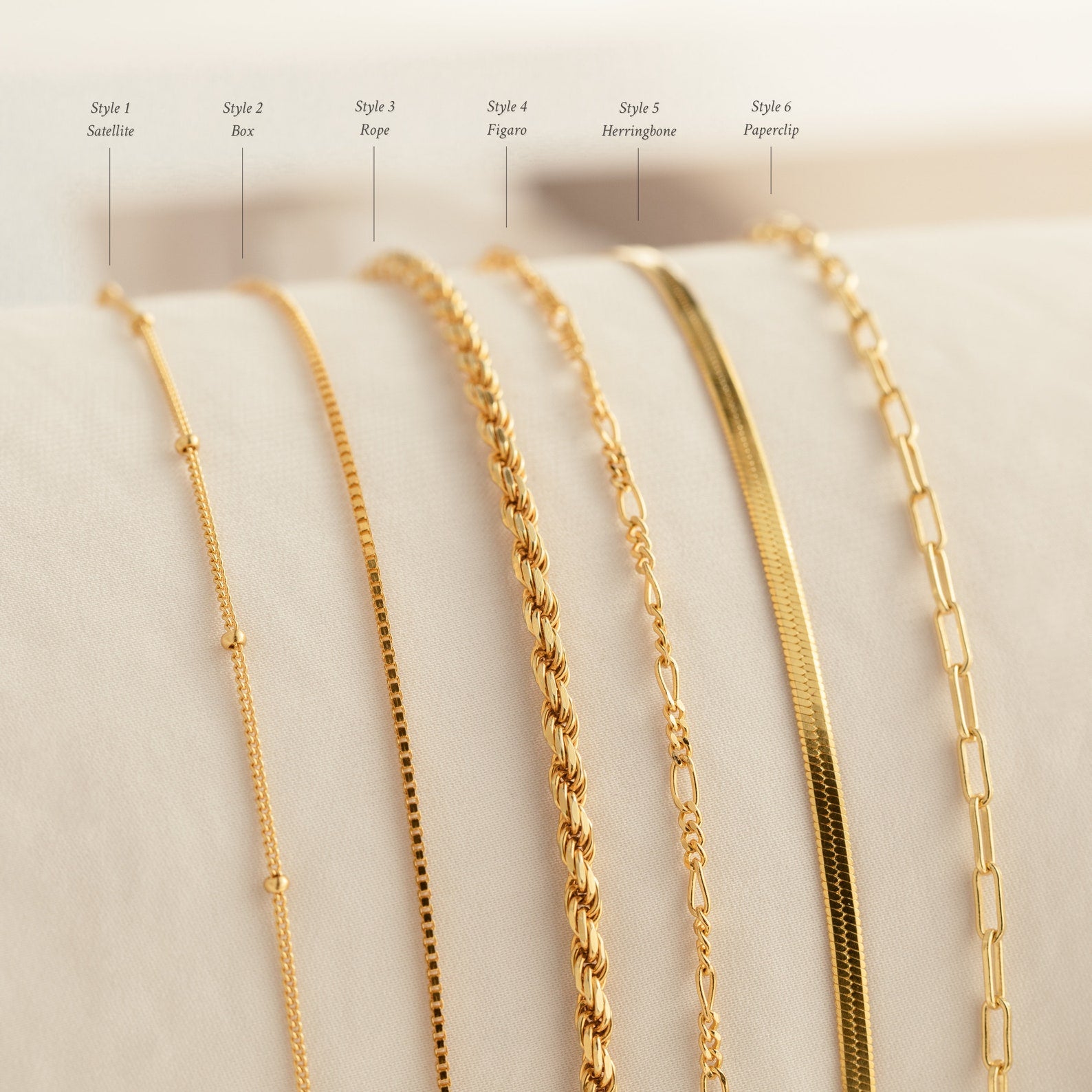 Six Essential Bracelet Chains, each with a polished finish and unique style, are displayed side by side on a soft, light surface with labeled names.