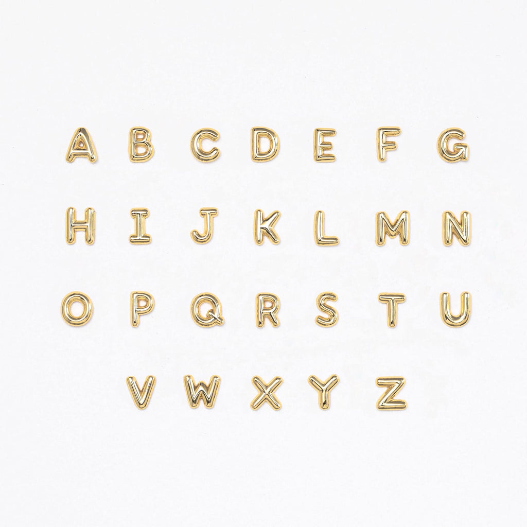 Bubble Letter Studs featuring gold alphabet letters A to Z, arranged in four rows on a white background—ideal for personalized earrings or as an elegant bridesmaid gift.
