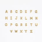 Bubble Letter Studs featuring gold alphabet letters A to Z, arranged in four rows on a white background—ideal for personalized earrings or as an elegant bridesmaid gift.