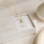 Dainty Birthstone Necklace in an open white jewelry box with a card that says "just for you!" Enjoy this meaningful piece of jewelry.