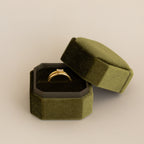 1 Slot Velvet Ring Box in olive green with black interior, displaying a gold ring on plush cushioning