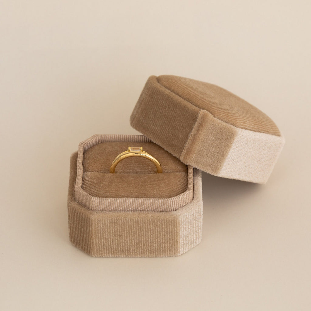 1 Slot Velvet Ring Box in beige with gold ring displayed, lid open showing luxurious interior cushioning