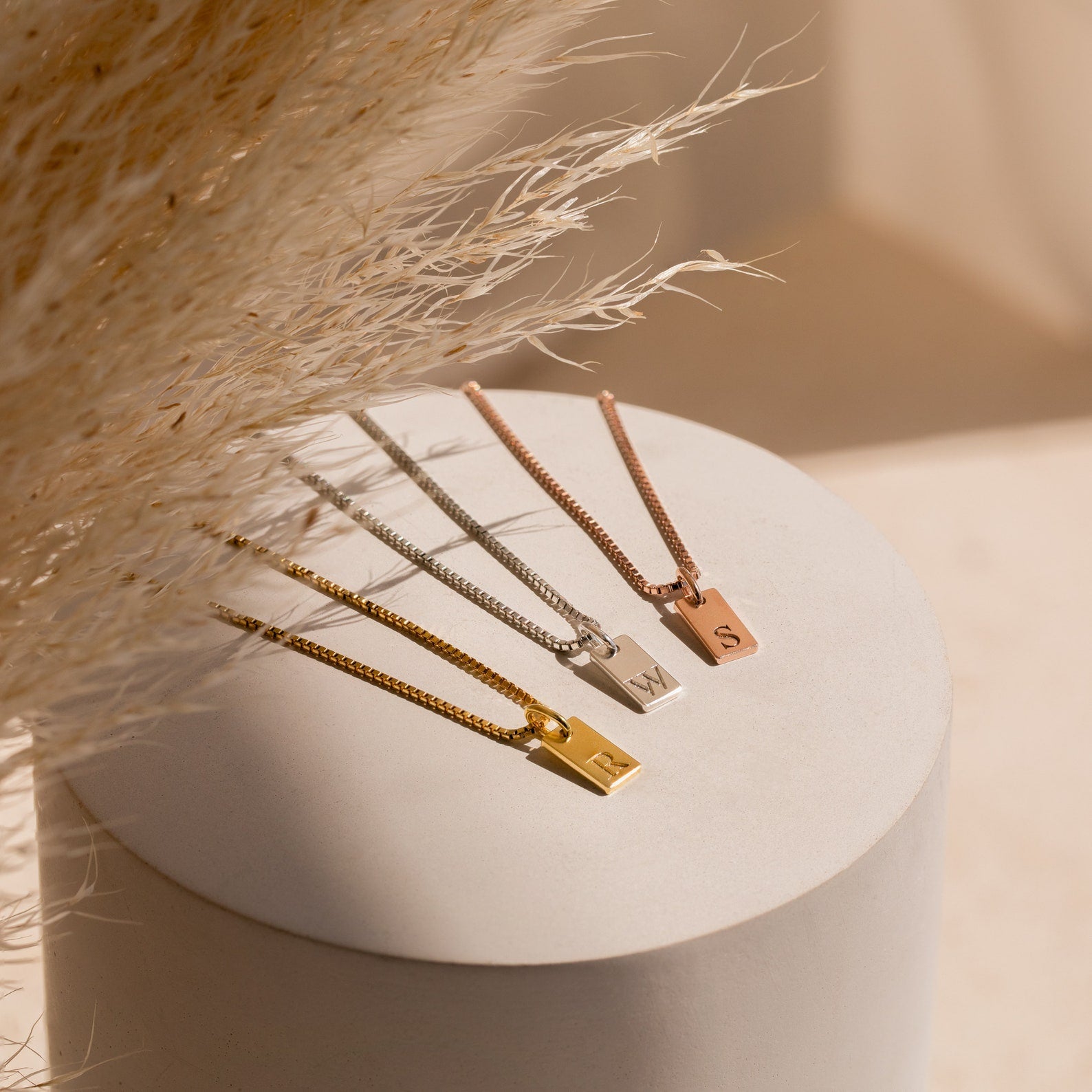 Three Mini Initial Tag Necklaces with R, W, and S pendants are displayed on a round white surface with dried grass. This personalized necklace makes a thoughtful and perfect Christmas gift.
