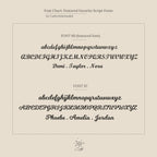 Font chart displaying two script fonts with sample names—Demi, Taylor, Nora, Phoebe, Amelia, and Jordan—perfect for choosing your personalized Safety Pin Name Necklace style as a standout accessory.