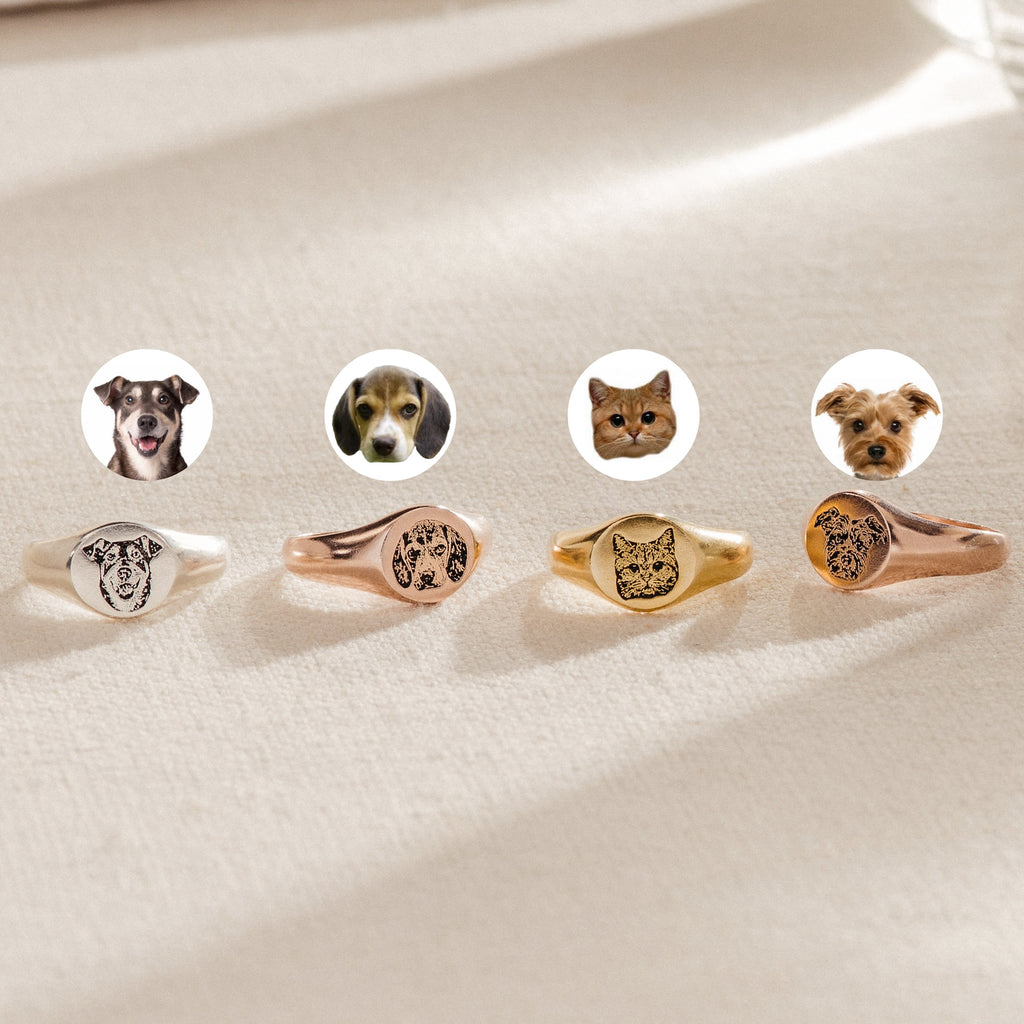 Five custom Pet Signet Rings with engraved pet portraits, each shown below a matching photo—perfect as personalized pet jewelry or a heartfelt memorial gift.