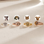 Five custom Pet Signet Rings with engraved pet portraits, each shown below a matching photo—perfect as personalized pet jewelry or a heartfelt memorial gift.
