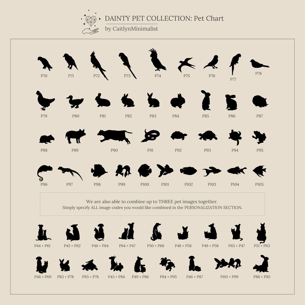 Chart of 40 black pet animal silhouettes—including birds, rodents, fish, reptiles, and mammals—on a beige background; perfect inspiration for a pet lover gift like the Pet Initial Necklace or for designing personalized jewelry.