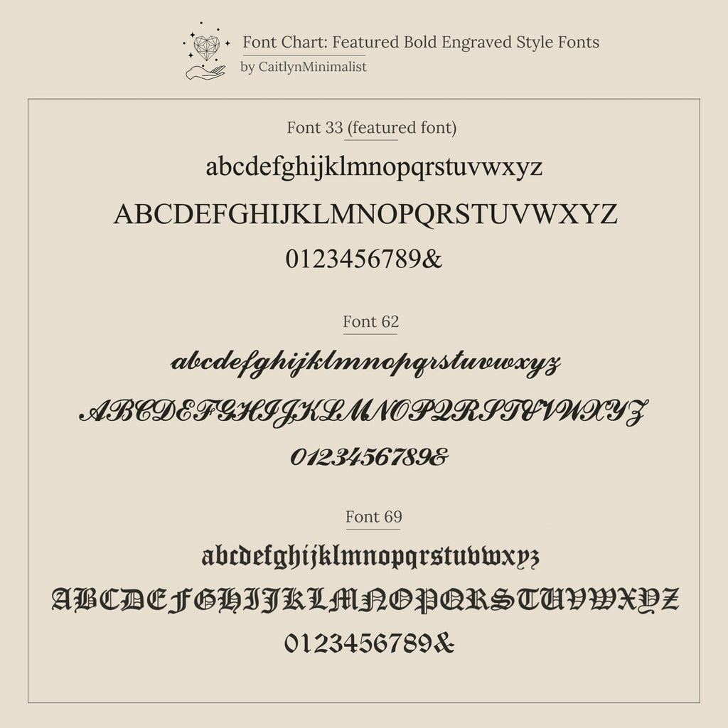 Explore three engraved font styles—uppercase, lowercase, and numbers—to personalize your Mini Initial Paperclip Necklace. Perfect for visualizing your unique paperclip chain necklace before you order!.