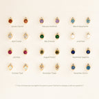 A grid of twelve Raindrop Birthstone Studs pairs, each gold pair labeled by month and gemstone—perfect for anyone who loves dainty earrings.