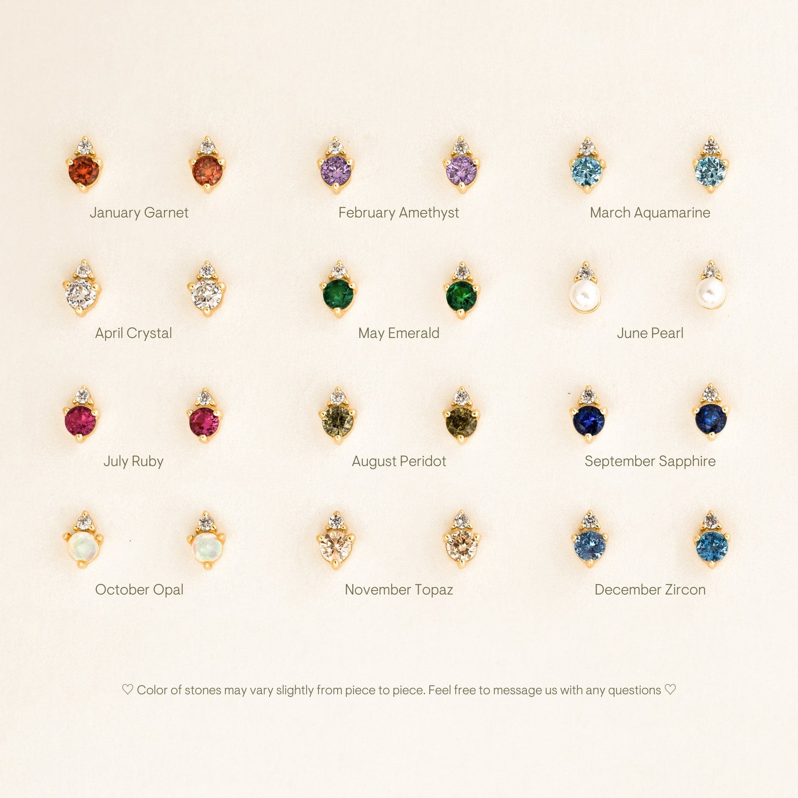A grid of twelve Raindrop Birthstone Studs pairs, each gold pair labeled by month and gemstone—perfect for anyone who loves dainty earrings.