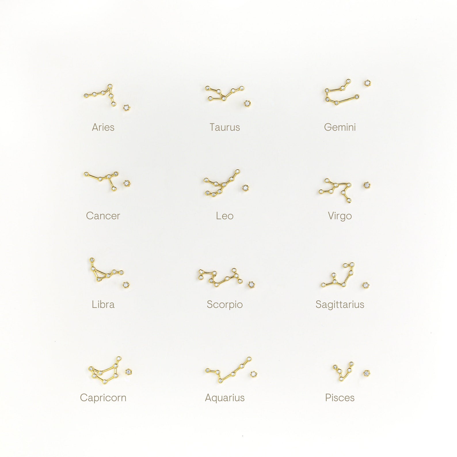 Twelve gold Constellation Earrings are arranged in a 4x3 grid, each beautifully labeled with its astrological zodiac sign.