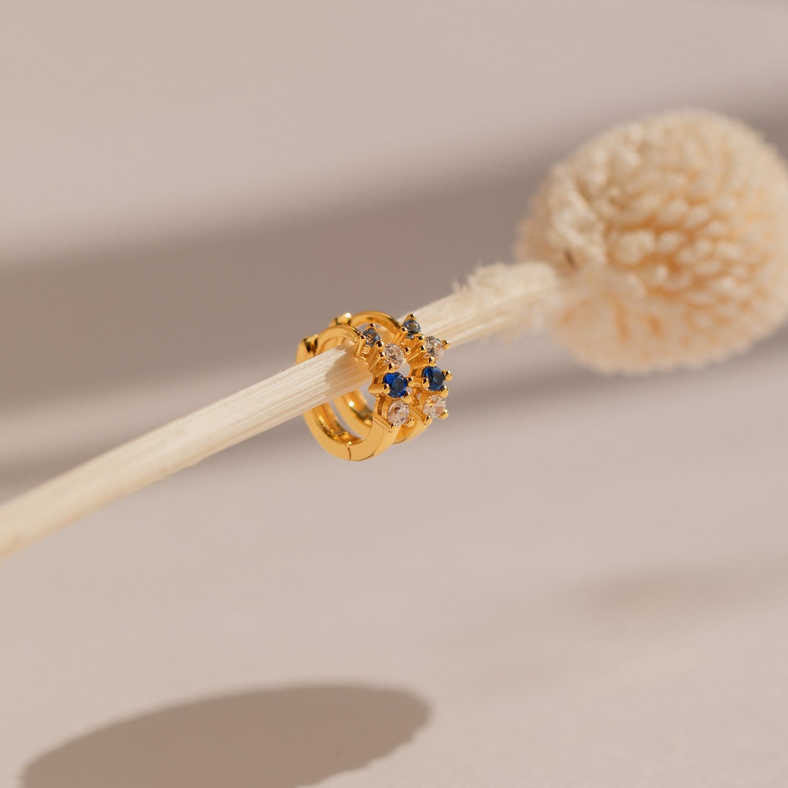 The Angelica Sapphire Huggies, featuring blue and clear gemstones in a minimalistic hoop design, are elegantly displayed on a dried flower stem against a neutral background.