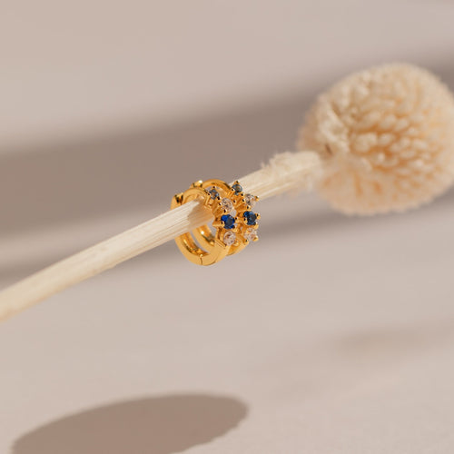 The Angelica Sapphire Huggies, featuring blue and clear gemstones in a minimalistic hoop design, are elegantly displayed on a dried flower stem against a neutral background.